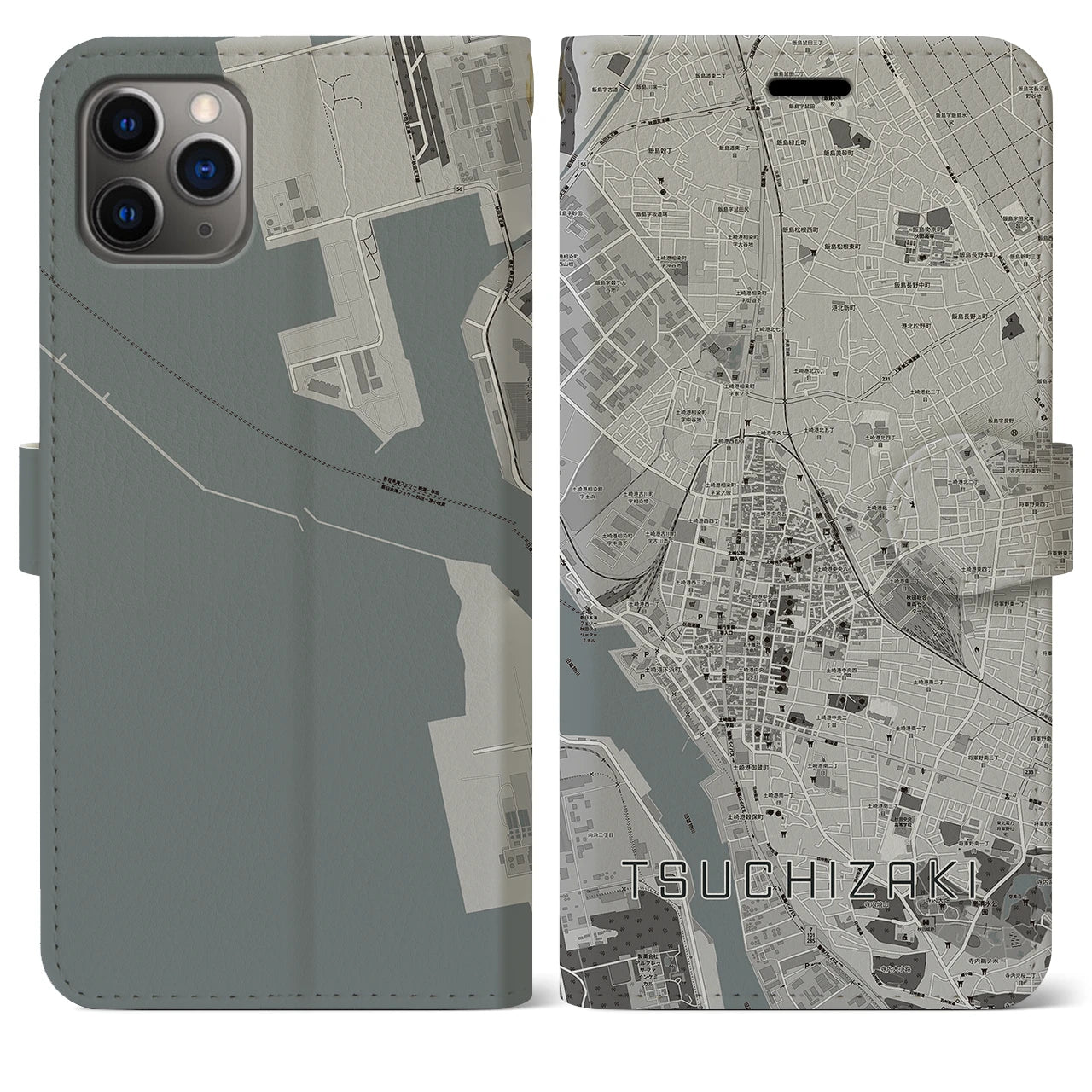 【土崎】地図柄iPhoneケース（手帳両面タイプ・モノトーン）iPhone 11 Pro Max 用