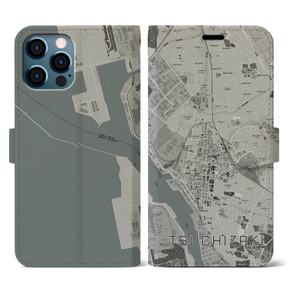 【土崎（秋田県）】地図柄iPhoneケース（手帳タイプ）モノトーン・iPhone 12 / 12 Pro 用