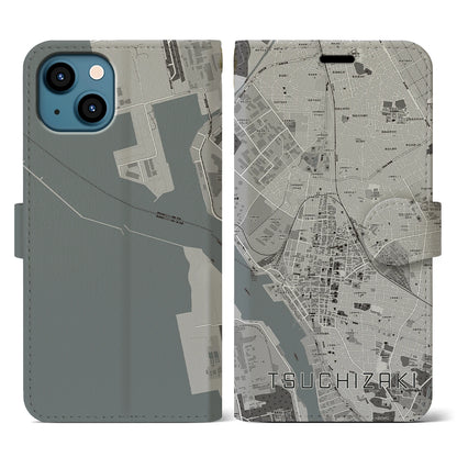 【土崎（秋田県）】地図柄iPhoneケース（手帳タイプ）モノトーン・iPhone 13 用