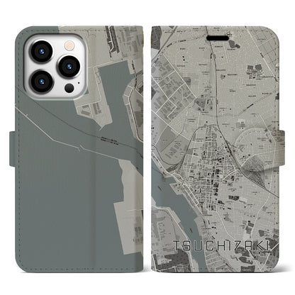 【土崎（秋田県）】地図柄iPhoneケース（手帳タイプ）モノトーン・iPhone 13 Pro 用