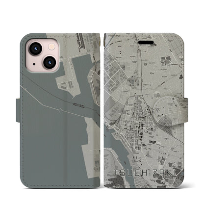 【土崎（秋田県）】地図柄iPhoneケース（手帳タイプ）モノトーン・iPhone 13 mini 用