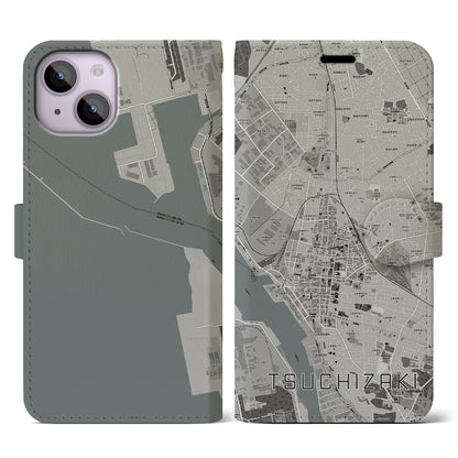 【土崎（秋田県）】地図柄iPhoneケース（手帳タイプ）モノトーン・iPhone 14 用