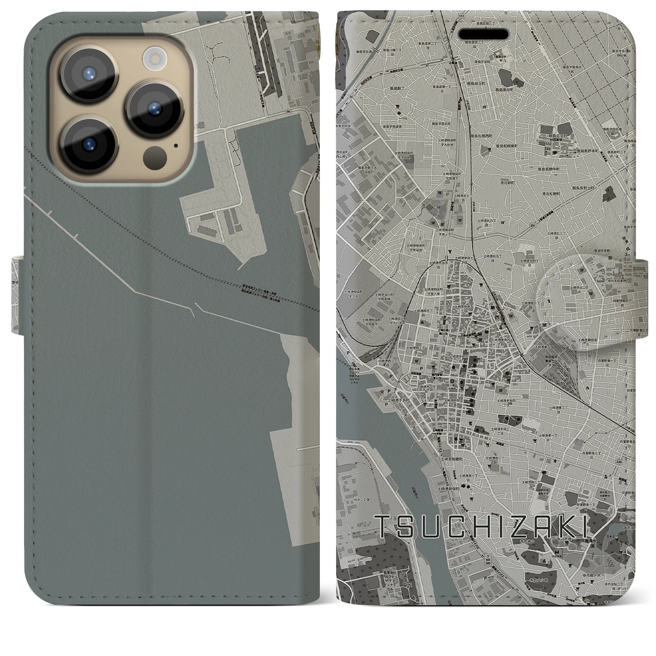 【土崎】地図柄iPhoneケース（手帳両面タイプ・モノトーン）iPhone 14 Pro Max 用