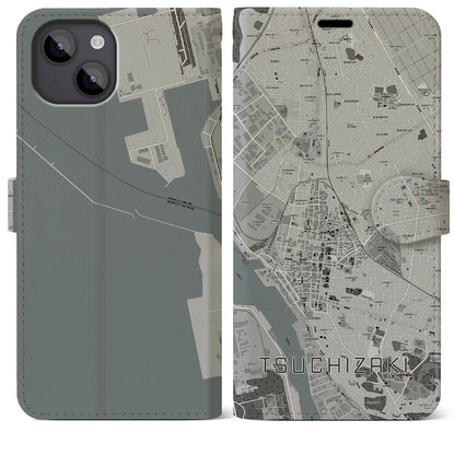 【土崎（秋田県）】地図柄iPhoneケース（手帳タイプ）モノトーン・iPhone 14 Plus 用