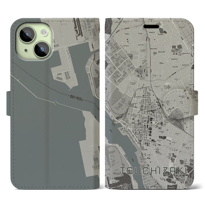 【土崎（秋田県）】地図柄iPhoneケース（手帳タイプ）モノトーン・iPhone 15 用