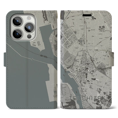 【土崎（秋田県）】地図柄iPhoneケース（手帳タイプ）モノトーン・iPhone 15 Pro 用