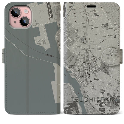 【土崎（秋田県）】地図柄iPhoneケース（手帳タイプ）モノトーン・iPhone 15 Plus 用