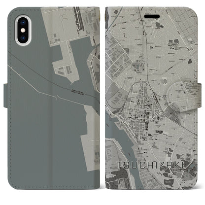 【土崎（秋田県）】地図柄iPhoneケース（手帳タイプ）モノトーン・iPhone XS Max 用