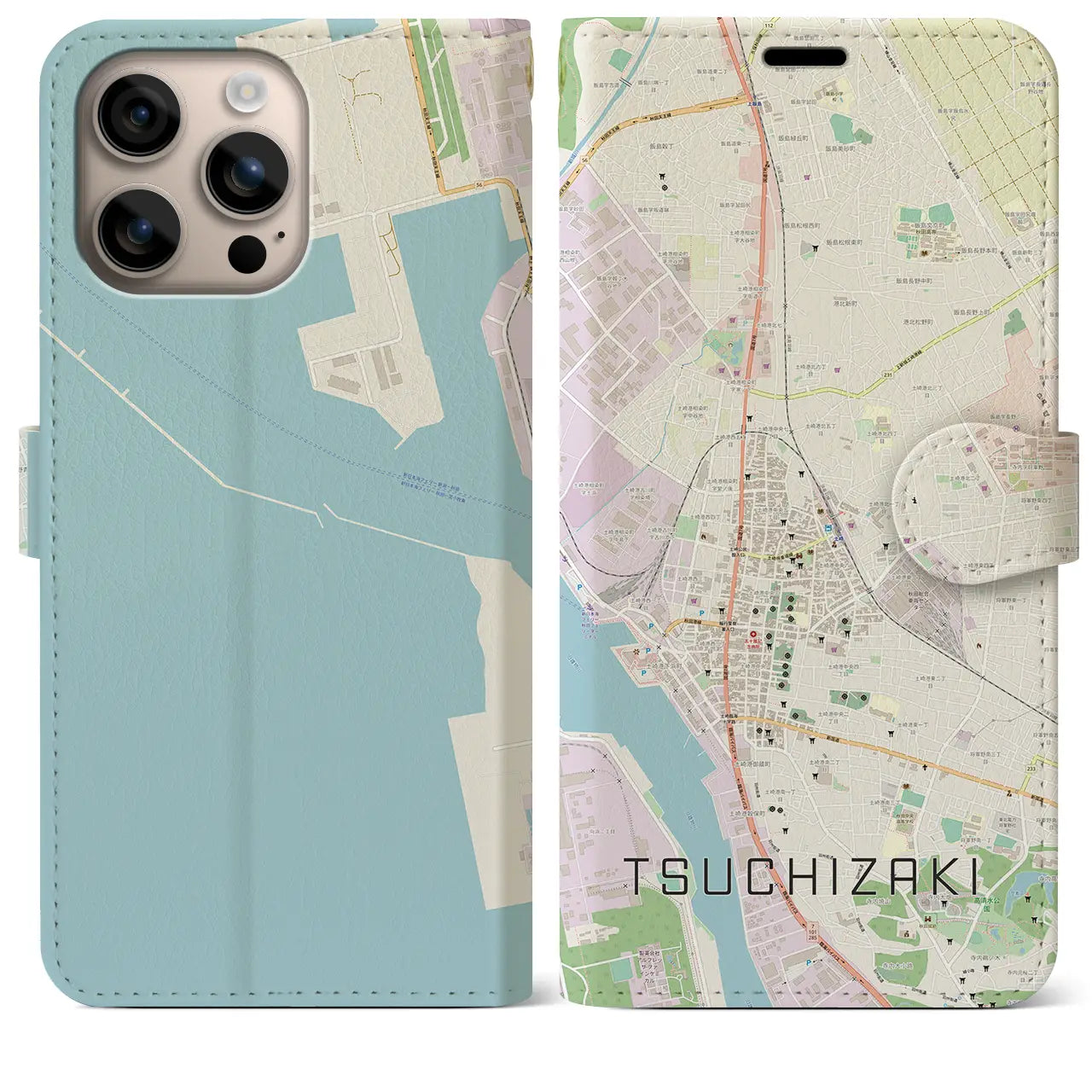 【土崎（秋田県）】地図柄iPhoneケース（手帳タイプ）ナチュラル・iPhone 16 Plus 用