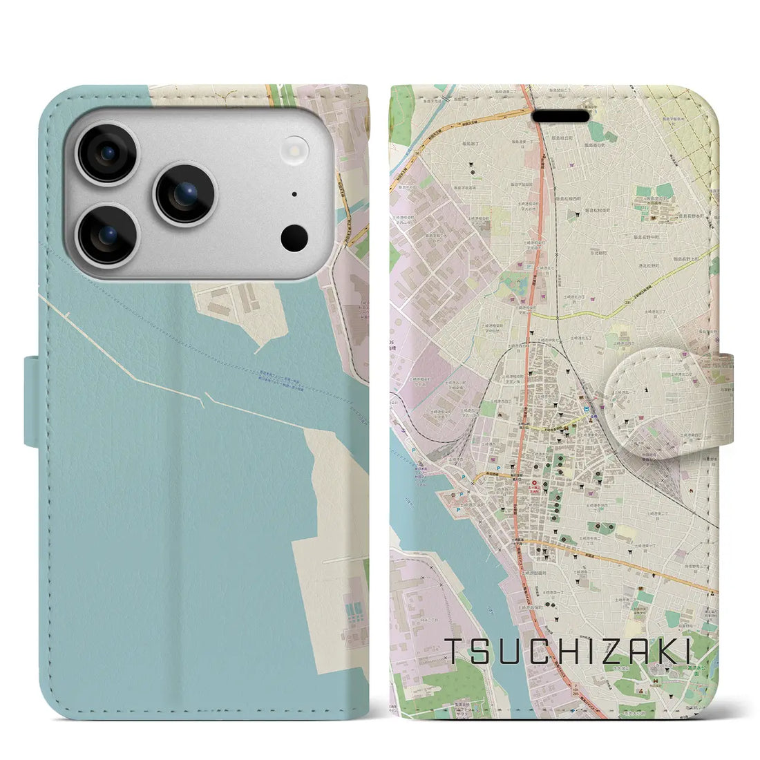 【土崎（秋田県）】地図柄iPhoneケース（手帳タイプ）モノトーン・iPhone 17 Pro Max 用