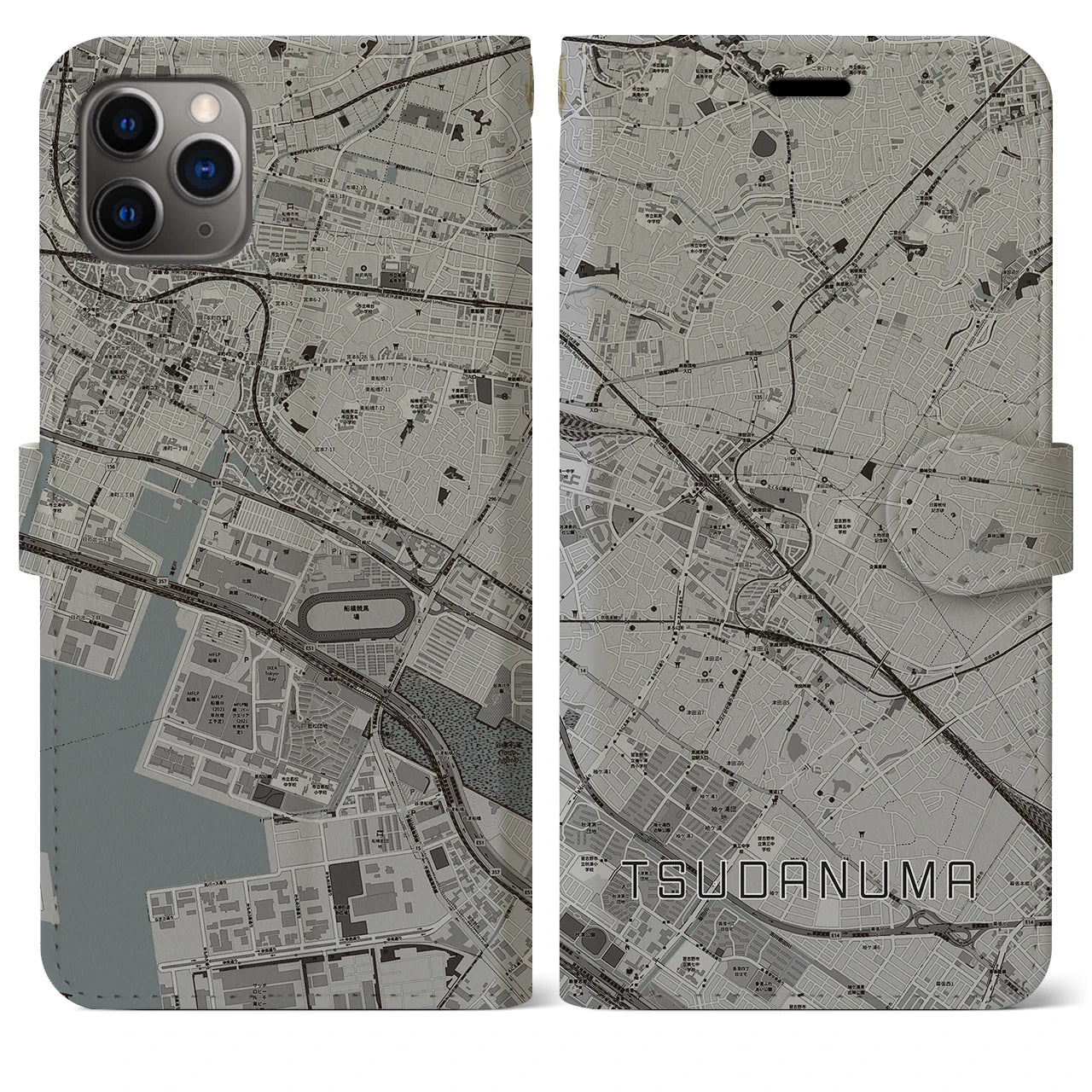 【津田沼】地図柄iPhoneケース（手帳両面タイプ・モノトーン）iPhone 11 Pro Max 用