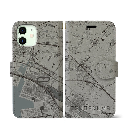 【津田沼（千葉県）】地図柄iPhoneケース（手帳タイプ）モノトーン・iPhone 12 mini 用
