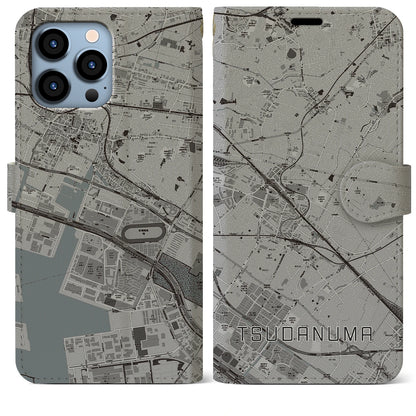 【津田沼（千葉県）】地図柄iPhoneケース（手帳タイプ）モノトーン・iPhone 13 Pro Max 用