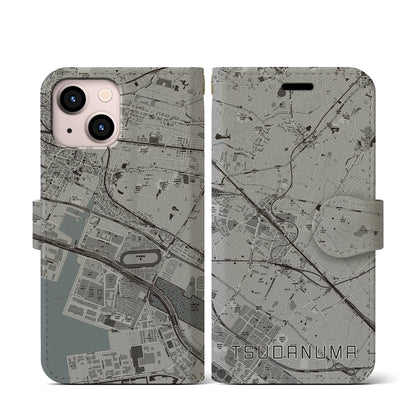 【津田沼（千葉県）】地図柄iPhoneケース（手帳タイプ）モノトーン・iPhone 13 mini 用