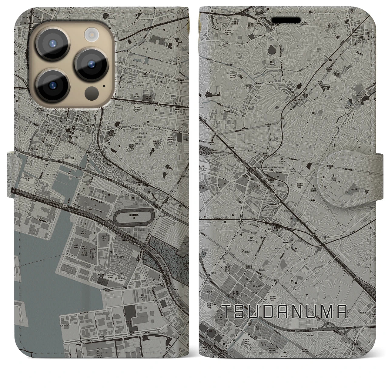 【津田沼】地図柄iPhoneケース（手帳両面タイプ・モノトーン）iPhone 14 Pro Max 用