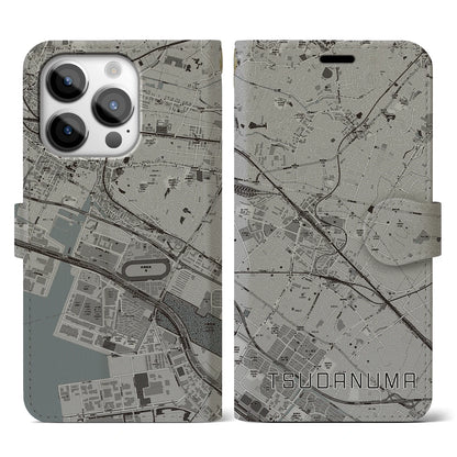 【津田沼（千葉県）】地図柄iPhoneケース（手帳タイプ）モノトーン・iPhone 14 Pro 用