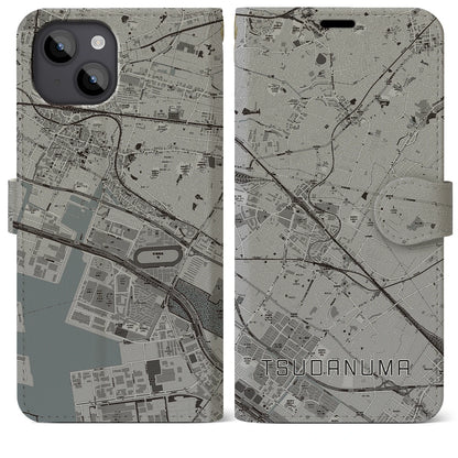 【津田沼（千葉県）】地図柄iPhoneケース（手帳タイプ）モノトーン・iPhone 14 Plus 用