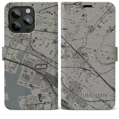 【津田沼（千葉県）】地図柄iPhoneケース（手帳タイプ）モノトーン・iPhone 15 Pro Max 用