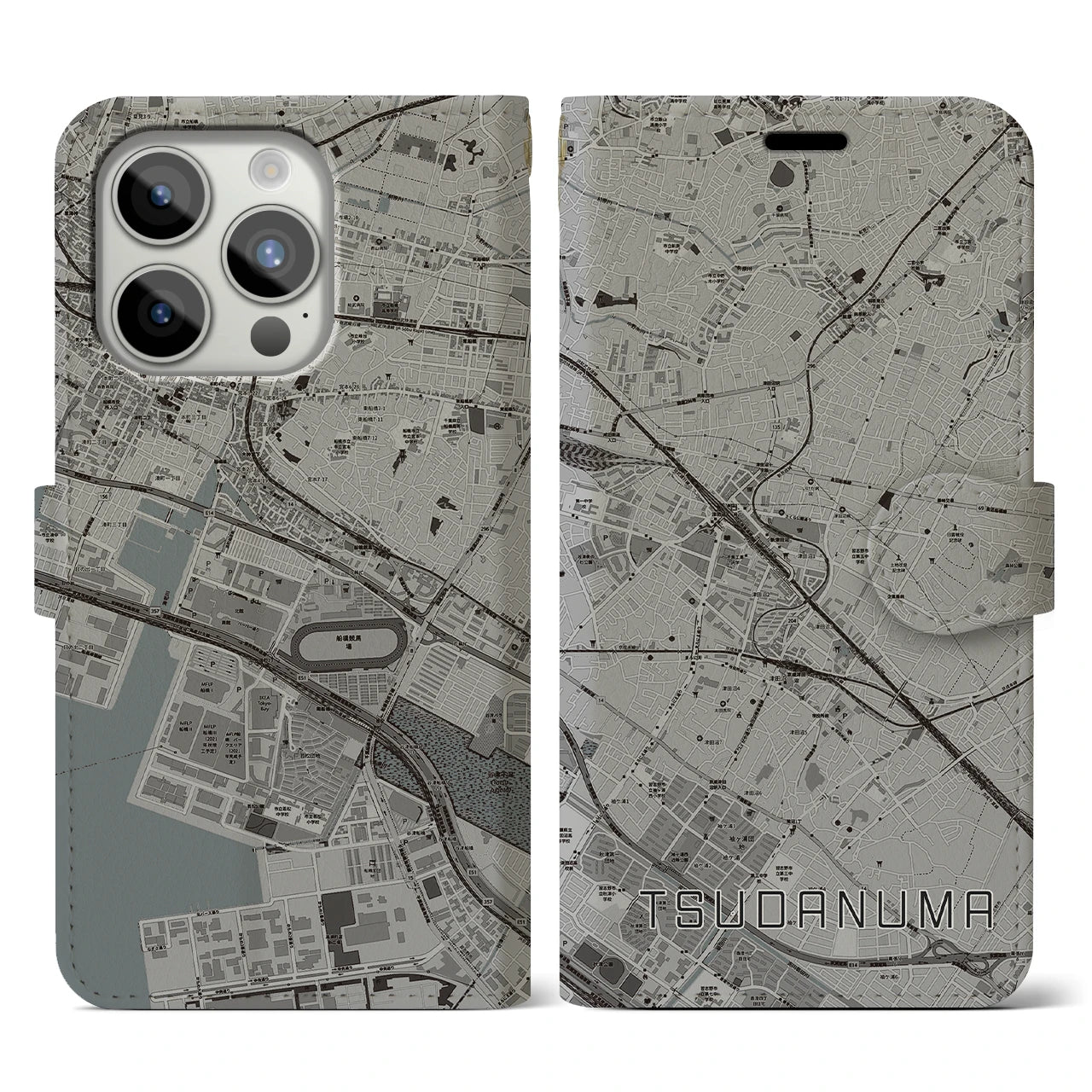 【津田沼】地図柄iPhoneケース（手帳両面タイプ・モノトーン）iPhone 15 Pro 用