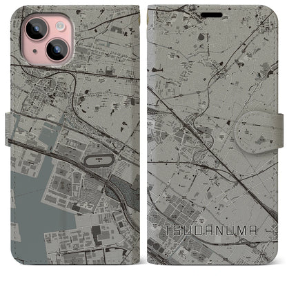 【津田沼（千葉県）】地図柄iPhoneケース（手帳タイプ）モノトーン・iPhone 15 Plus 用