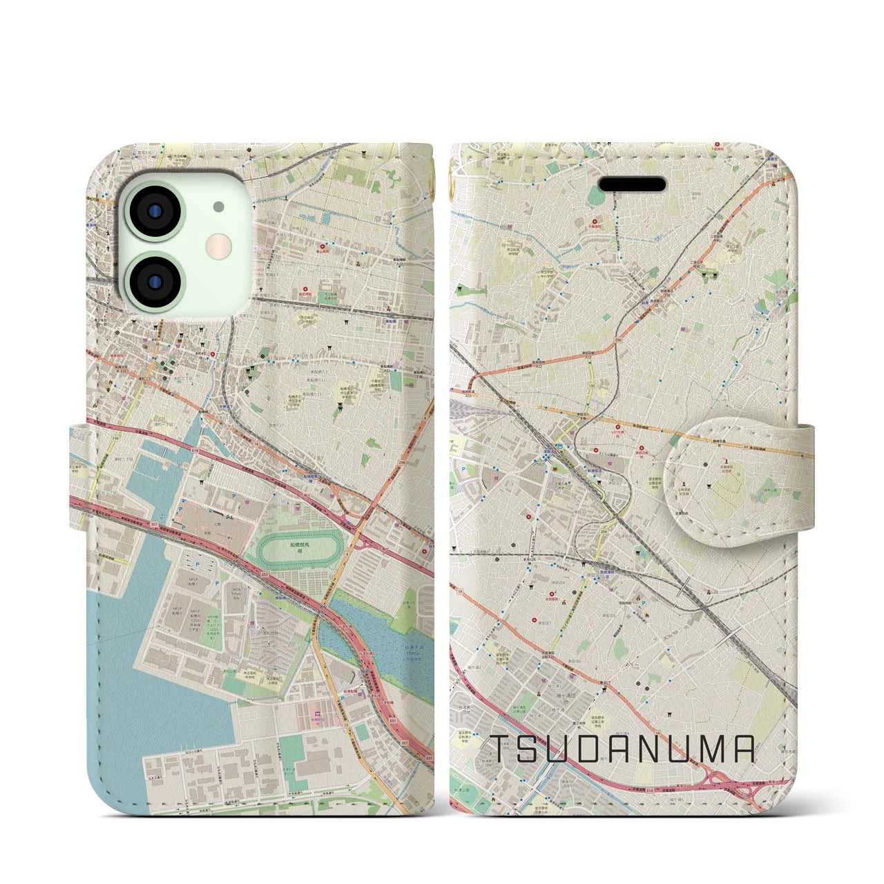 【津田沼】地図柄iPhoneケース（手帳両面タイプ・ナチュラル）iPhone 12 mini 用