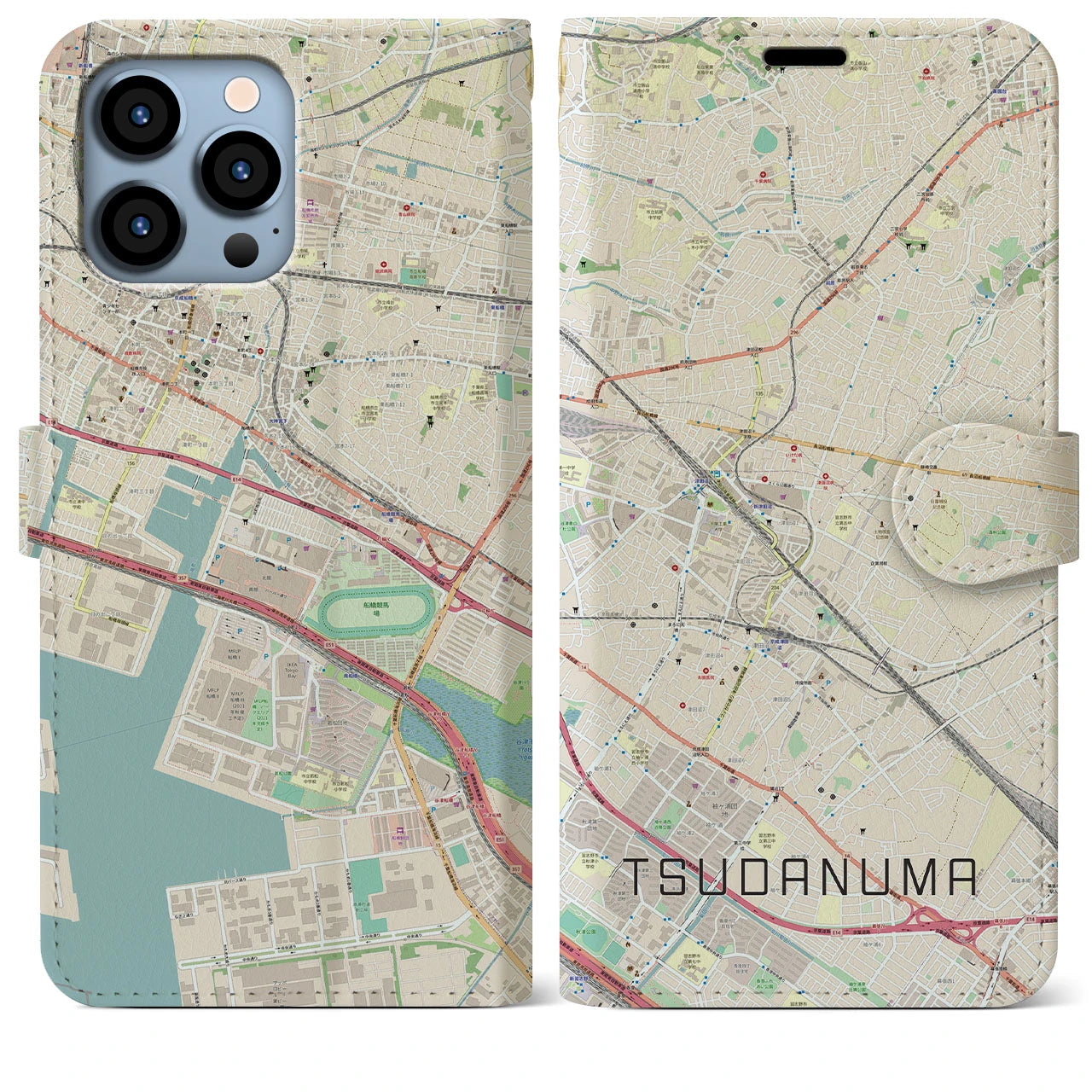 【津田沼】地図柄iPhoneケース（手帳両面タイプ・ナチュラル）iPhone 13 Pro Max 用