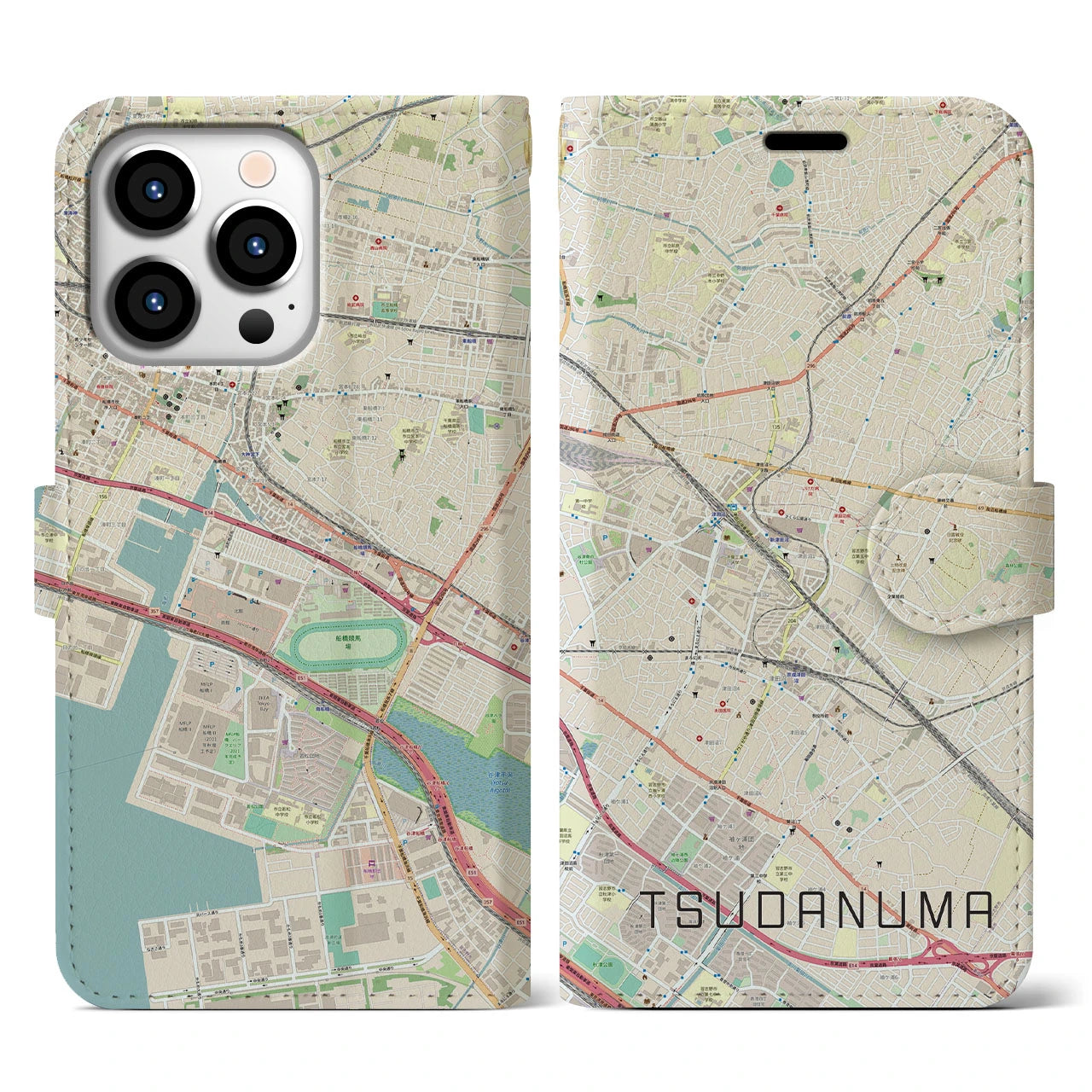 【津田沼】地図柄iPhoneケース（手帳両面タイプ・ナチュラル）iPhone 13 Pro 用