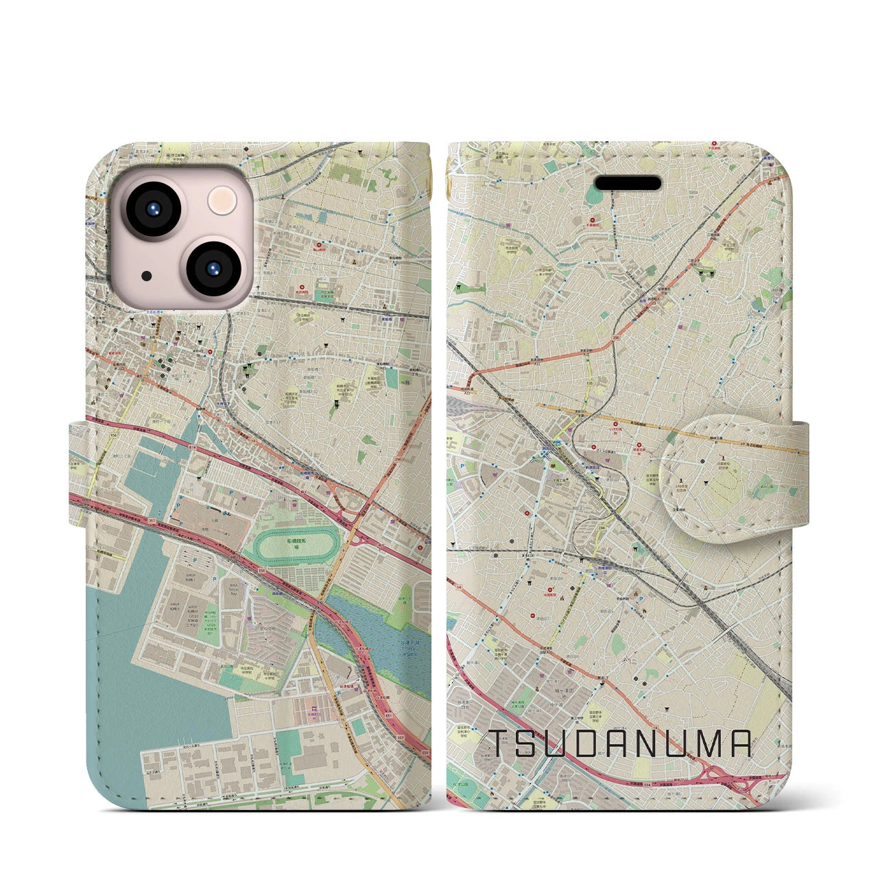 【津田沼】地図柄iPhoneケース（手帳両面タイプ・ナチュラル）iPhone 13 mini 用