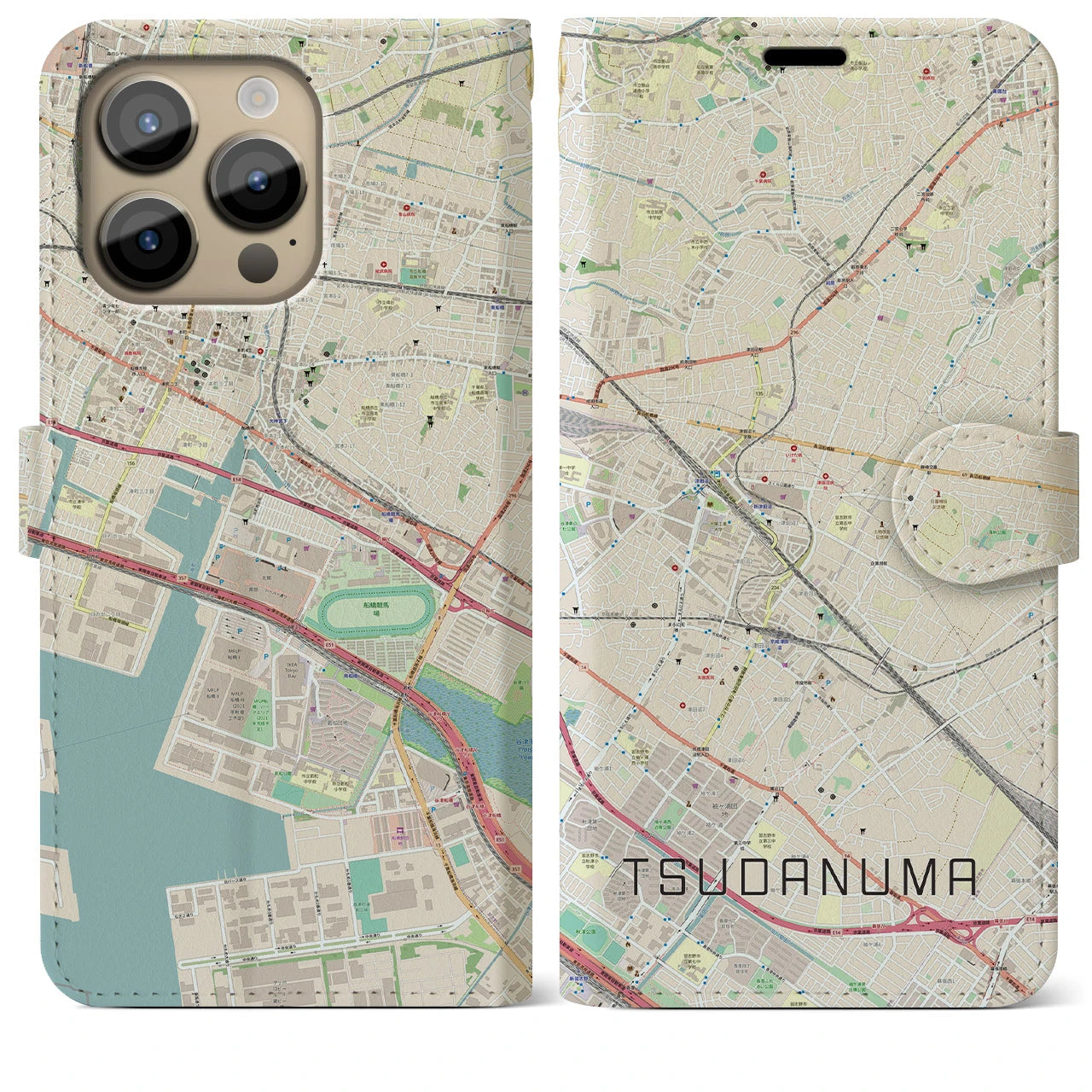 【津田沼】地図柄iPhoneケース（手帳両面タイプ・ナチュラル）iPhone 14 Pro Max 用