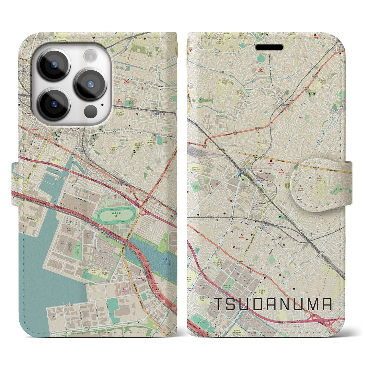 【津田沼】地図柄iPhoneケース（手帳両面タイプ・ナチュラル）iPhone 14 Pro 用