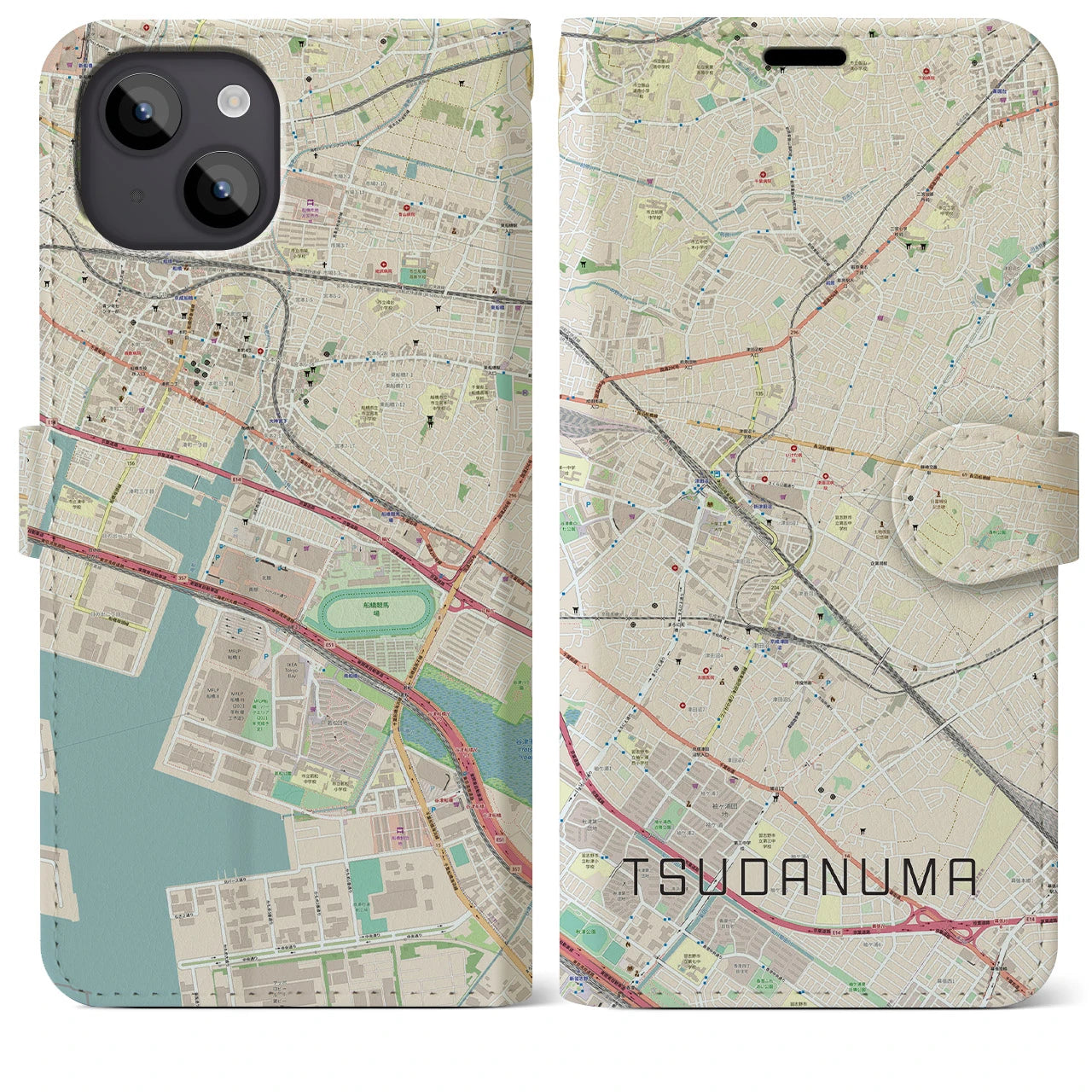 【津田沼】地図柄iPhoneケース（手帳両面タイプ・ナチュラル）iPhone 14 Plus 用