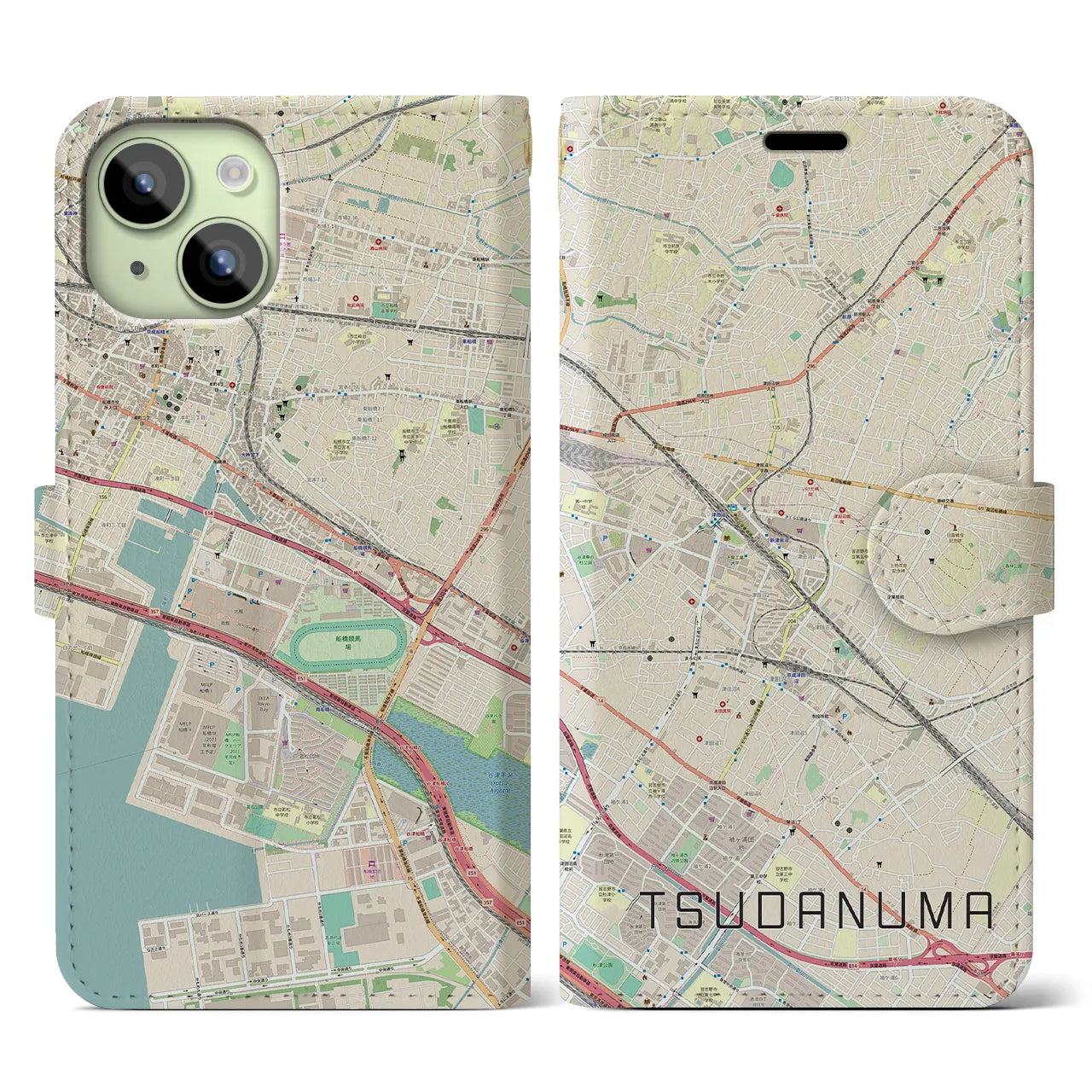【津田沼】地図柄iPhoneケース（手帳両面タイプ・ナチュラル）iPhone 15 用