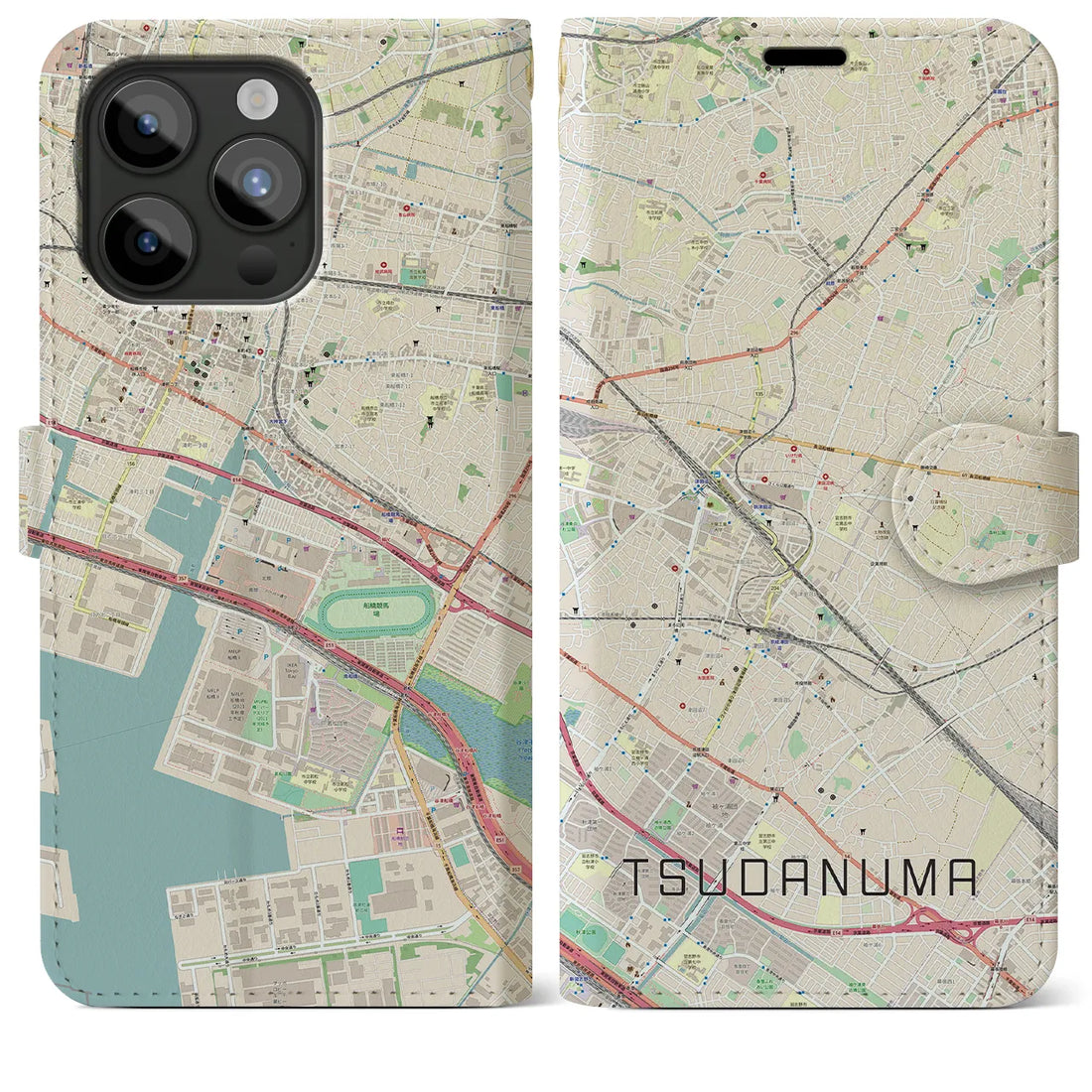 【津田沼】地図柄iPhoneケース（手帳両面タイプ・ナチュラル）iPhone 15 Pro Max 用