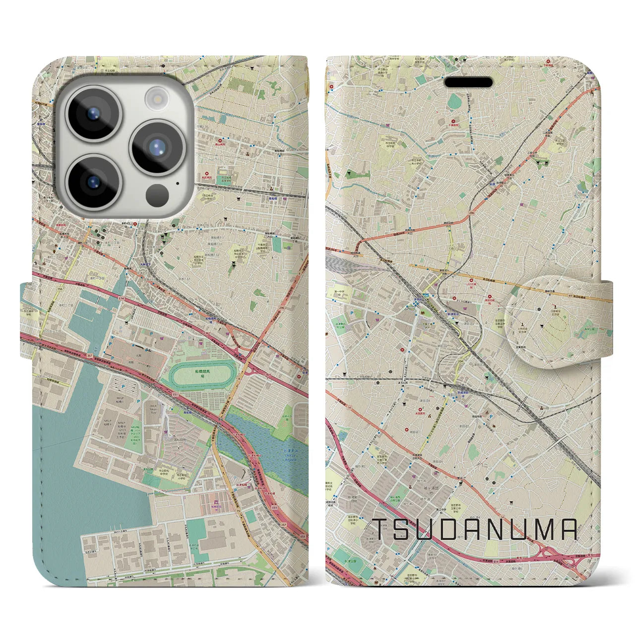 【津田沼】地図柄iPhoneケース（手帳両面タイプ・ナチュラル）iPhone 15 Pro 用