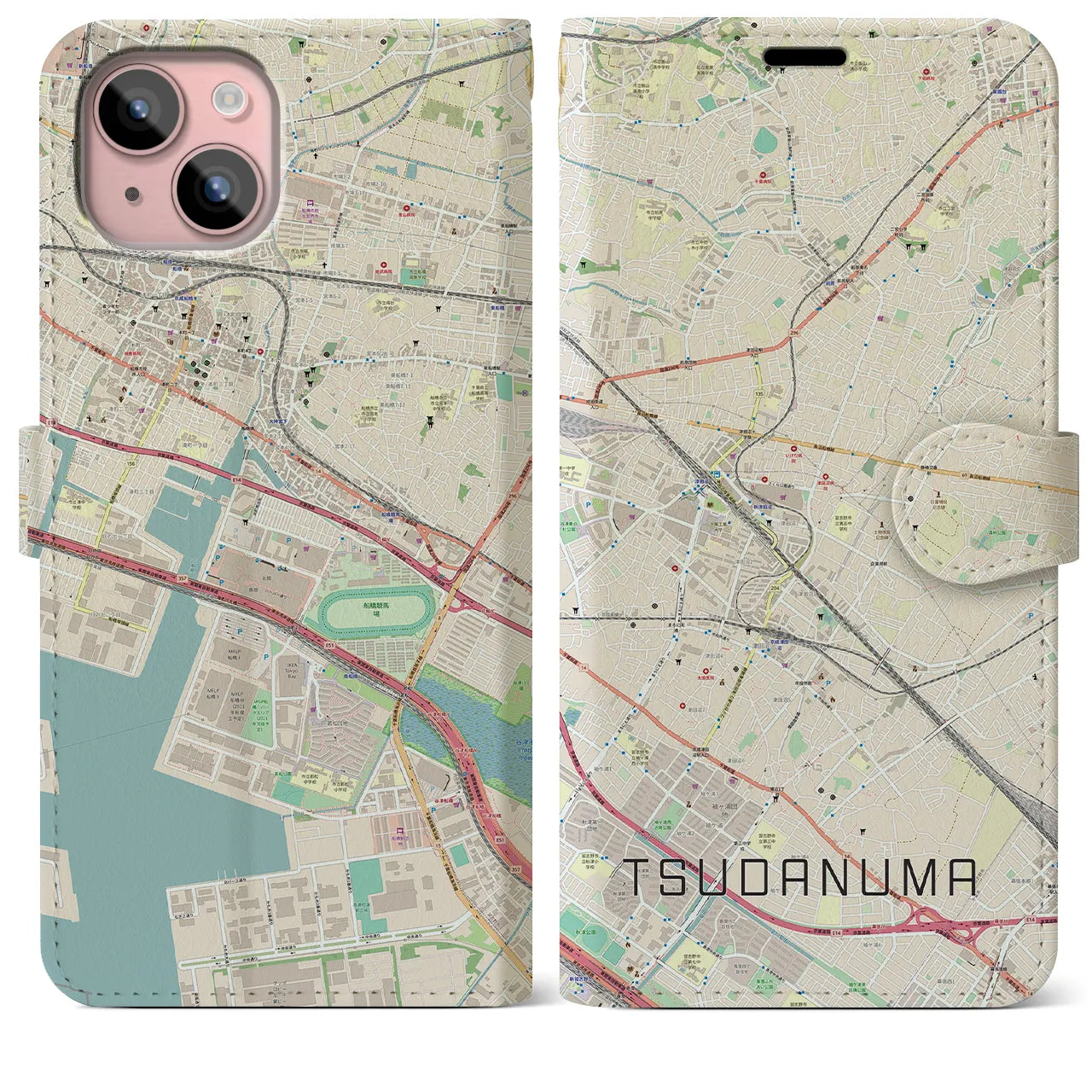 【津田沼】地図柄iPhoneケース（手帳両面タイプ・ナチュラル）iPhone 15 Plus 用