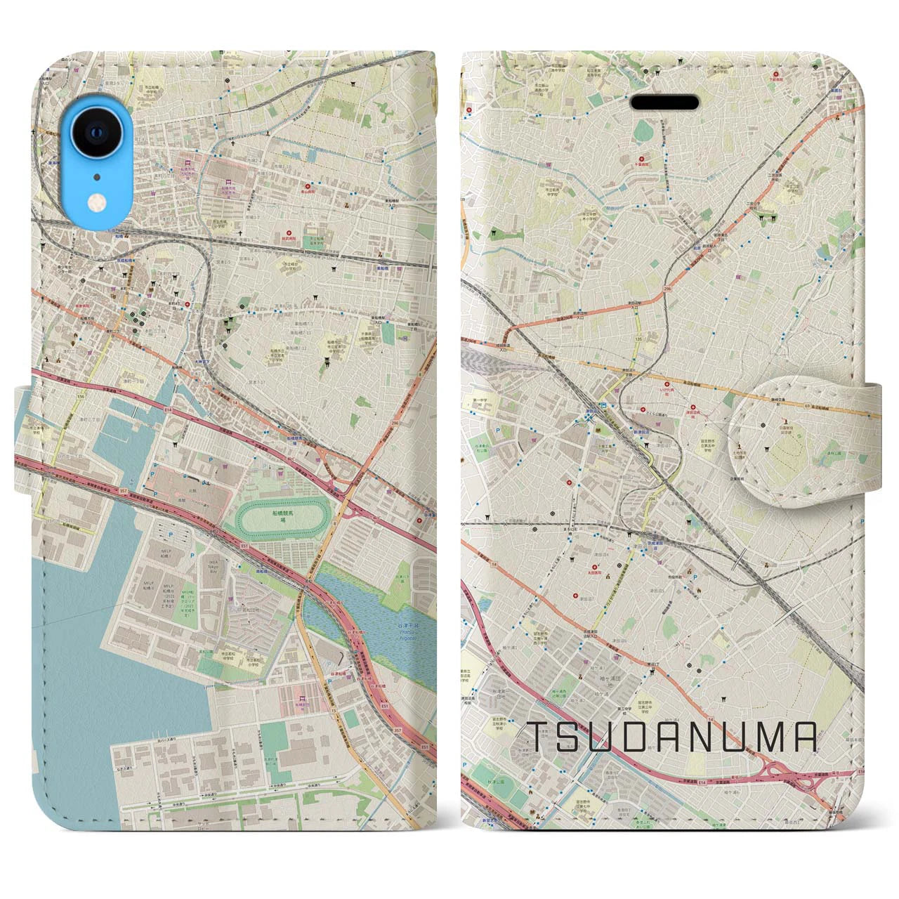 【津田沼】地図柄iPhoneケース（手帳両面タイプ・ナチュラル）iPhone XR 用