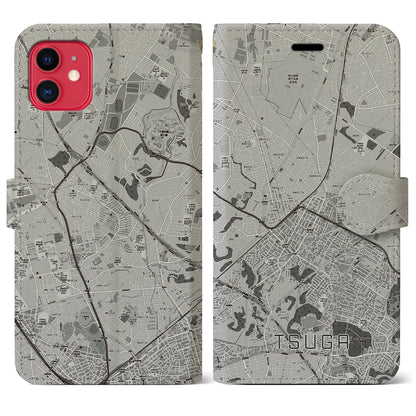 【都賀（千葉県）】地図柄iPhoneケース（手帳タイプ）モノトーン・iPhone 11 用