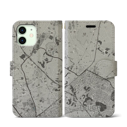 【都賀（千葉県）】地図柄iPhoneケース（手帳タイプ）モノトーン・iPhone 12 mini 用