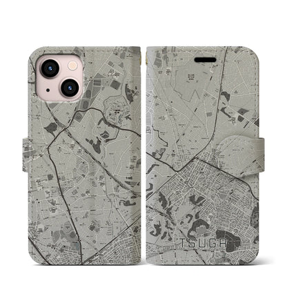 【都賀（千葉県）】地図柄iPhoneケース（手帳タイプ）モノトーン・iPhone 13 mini 用