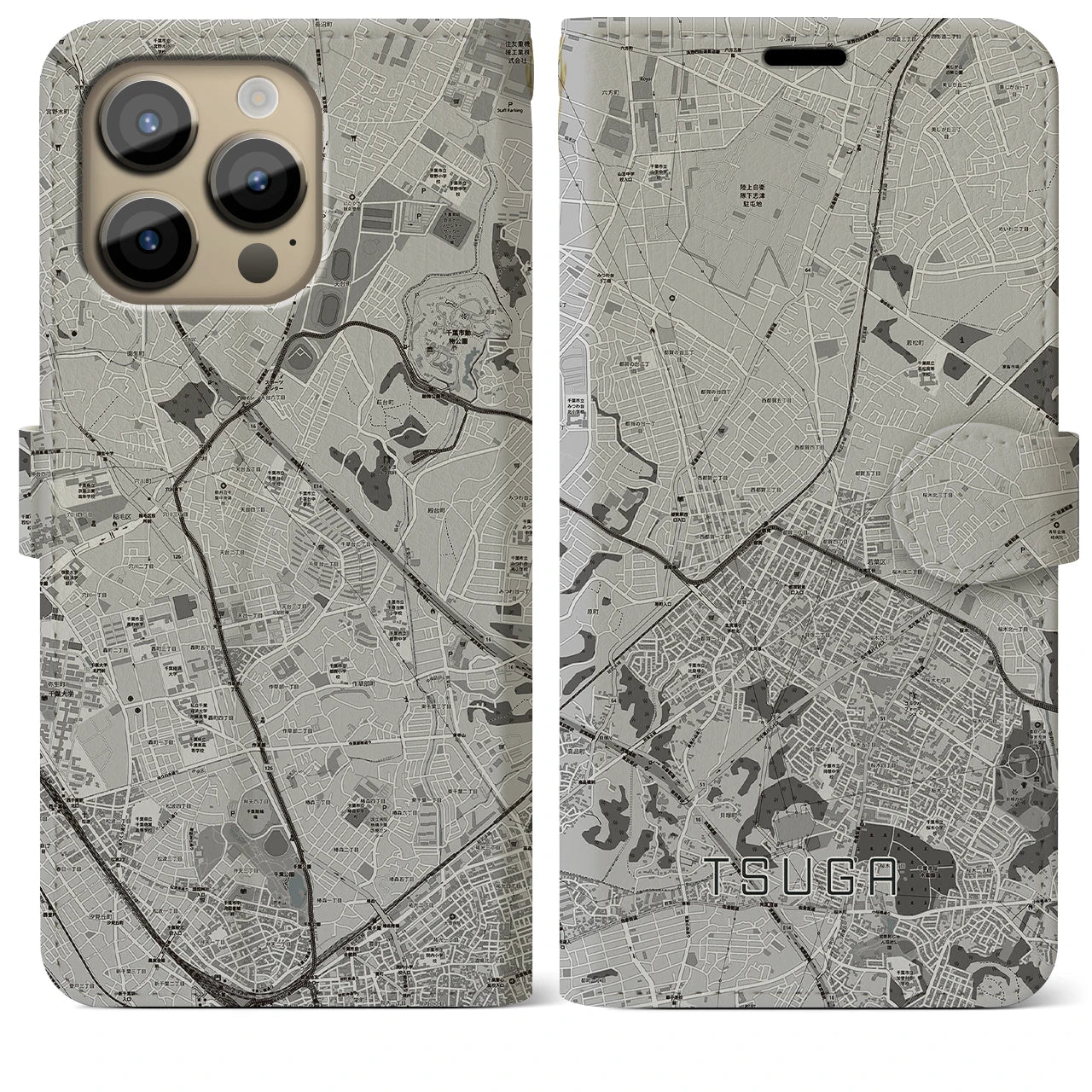 【都賀】地図柄iPhoneケース（手帳両面タイプ・モノトーン）iPhone 14 Pro Max 用