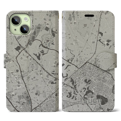 【都賀（千葉県）】地図柄iPhoneケース（手帳タイプ）モノトーン・iPhone 15 用