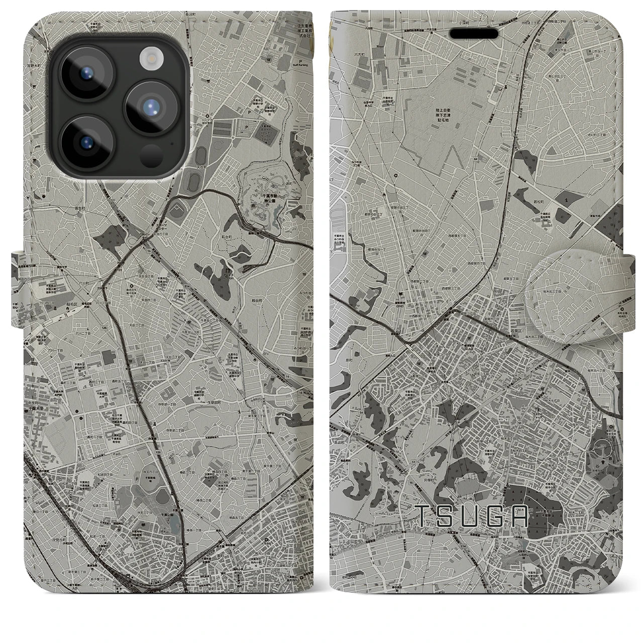 【都賀】地図柄iPhoneケース（手帳両面タイプ・モノトーン）iPhone 15 Pro Max 用