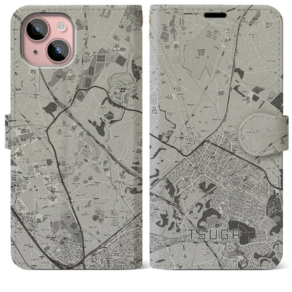 【都賀（千葉県）】地図柄iPhoneケース（手帳タイプ）モノトーン・iPhone 15 Plus 用