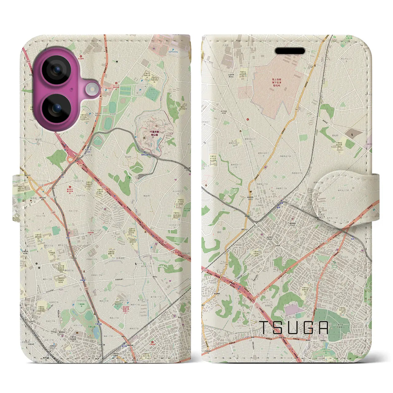 【都賀（千葉県）】地図柄iPhoneケース（手帳タイプ）ナチュラル・iPhone 16 Pro 用