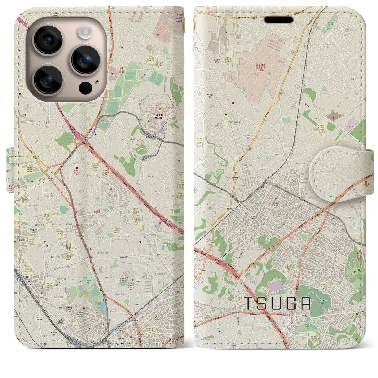 【都賀（千葉県）】地図柄iPhoneケース（手帳タイプ）ナチュラル・iPhone 16 Plus 用