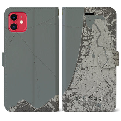 【つがる（青森県）】地図柄iPhoneケース（手帳タイプ）モノトーン・iPhone 11 用