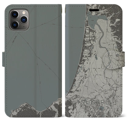 【つがる（青森県）】地図柄iPhoneケース（手帳タイプ）モノトーン・iPhone 11 Pro Max 用