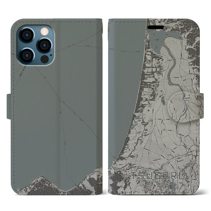 【つがる（青森県）】地図柄iPhoneケース（手帳タイプ）モノトーン・iPhone 12 / 12 Pro 用