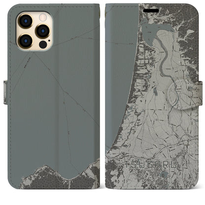 【つがる（青森県）】地図柄iPhoneケース（手帳タイプ）モノトーン・iPhone 12 Pro Max 用