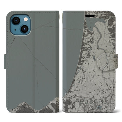 【つがる（青森県）】地図柄iPhoneケース（手帳タイプ）モノトーン・iPhone 13 用